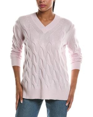 Forte Long Cable V-Neck 100% Cashmere Jumper - White