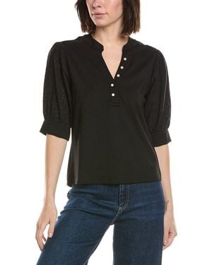 Cece Elbow Puff Sleeve Mixed Media Top - Black