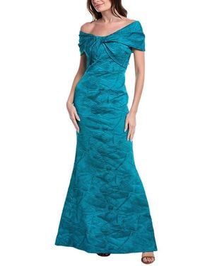 Teri Jon Jacquard Off Shoulder Twist Bodice Gown - Blue