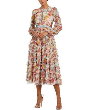 Mac Duggal Mesh Long Sleeve Ruffle Criss Cross Midi Dress - Pink