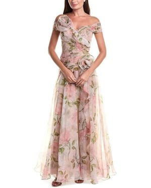 Teri Jon Organza Floral Ruffle Trim Inset Dress - Pink