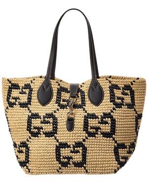 Gucci Medium Woven Leather-Trim Tote - Metallic