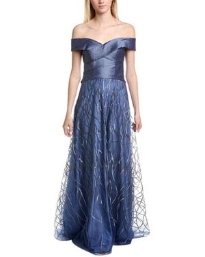 Rene Ruiz Banded Off-The-Shoulder Metallic Tulle Gown - Blue