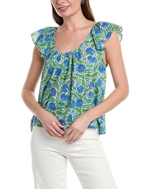 Lilla P Ruffle Sleeve Linen-blend Top - Blue