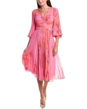 Teri Jon Printed Chiffon Pleated Full Sleeve V-Neck Dress - Pink