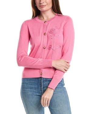 Tahari Rose Applique Snap Front Cardigan - Pink