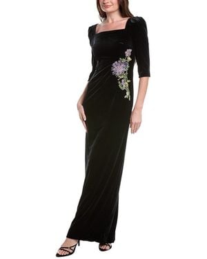 Teri Jon Velvet Elbow Sleeve Floral Applique Gown - Black