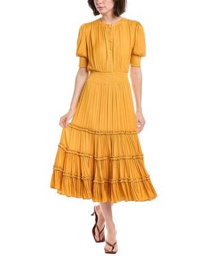 Tahari Elbow Sleeve Split Neck Tiered Midi Dress - Yellow