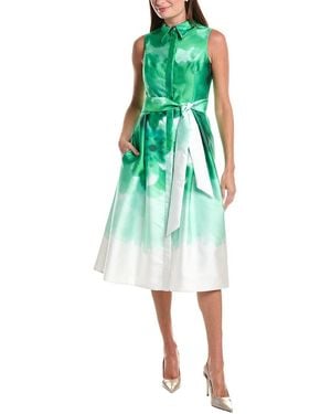 Teri Jon Mikado Watercolor Print Shirtdress - Green