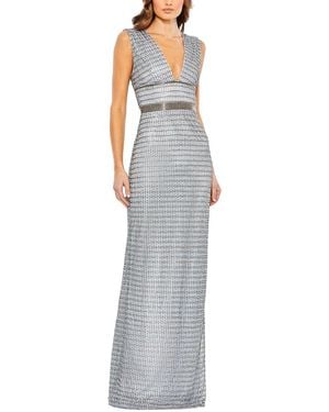 Mac Duggal Sleeveless Beaded V Neck Column Gown - Grey