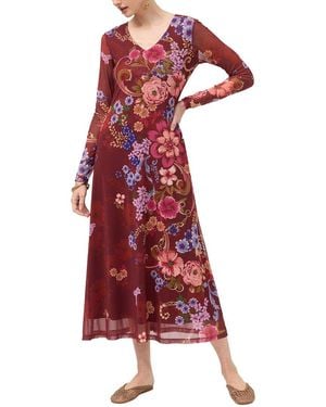 Johnny Was V-Neck Mesh Midi Dress - Red