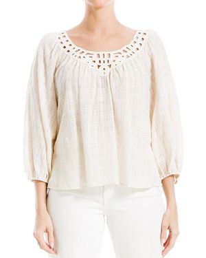 Max Studio 3/4-Bubble Sleeve Crochet Neck Top - White