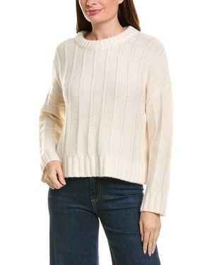 Neiman Marcus Drop Shoulder Crewneck Rib 100% Cashmere Pullover - White