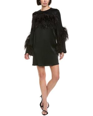 LAPOINTE Satin Ostrich-Trim Shift Dress - Black