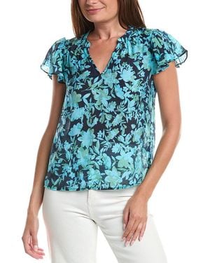 Cece Shirred Neck Flutter Sleeve Blouse - Blue