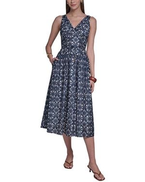 Halston Sleeveless V-Neck Printed Linen-Blend Sundress - Blue
