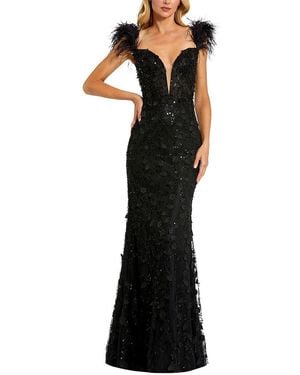 Mac Duggal Sheer Applique Bustier Gown With Feather Straps - Black