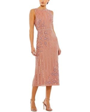 Mac Duggal Striped Floral Embellished Sleeveless Midi Dress - Pink
