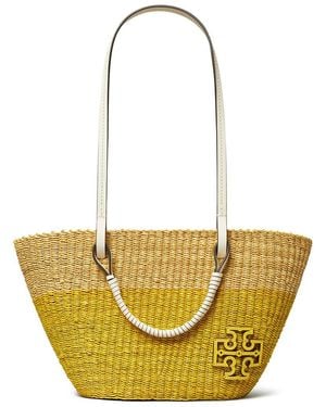 Tory Burch Ella Small Straw & Leather Basket Tote - Metallic