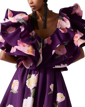 Carolina Herrera V-Neck Folded Ruffle Silk Top - Purple