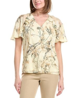 Anne Klein Ruffle V-Neck Printed Chiffon Blouse - Natural