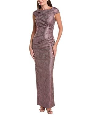 Teri Jon Stretch Jacquard Ruched Asymmetrical Neck Gown - Red