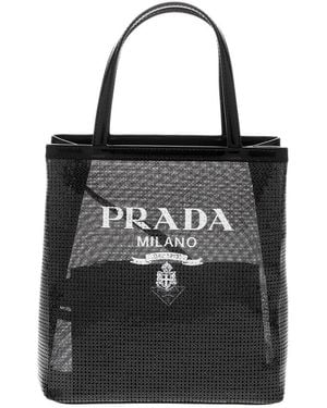 Prada Sequined Mesh & Leather Tote - Black