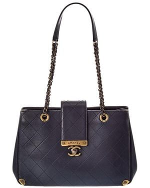 CHANEL Quilted Leather Around The Corner Tote (Authentic Pre-Loved) - Blue