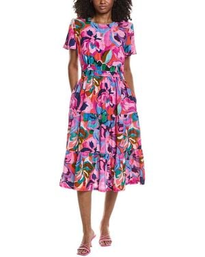 Johnny Was Smocked Tiered Linen-Blend Midi Dress