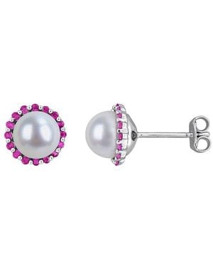 Rina Limor 0.38 Ct. Tw. Ruby & 7-7.5 Mm Pearl Halo Stud Halo Stud - Pink