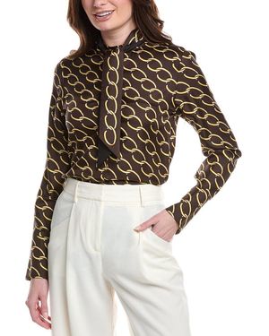 Oscar de la Renta Tie-Neck Chain Print Silk Blouse - Brown