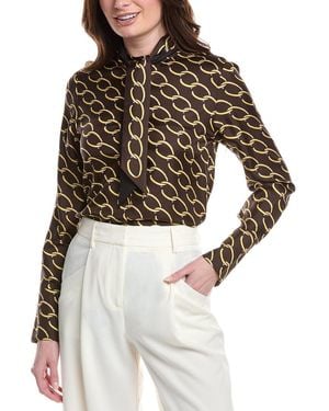 Oscar de la Renta Tie-Neck Chain Print Silk Blouse - Brown