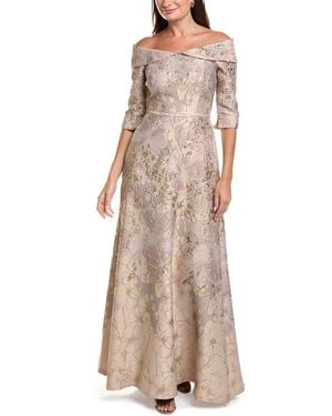 Teri Jon Jacquard Floral Off-Shoulder 3/4-Sleeve Gown - Brown