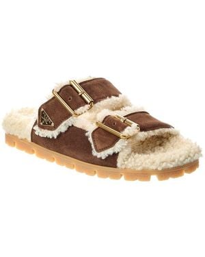 Prada Logo Shearling & Suede Sandal - Brown