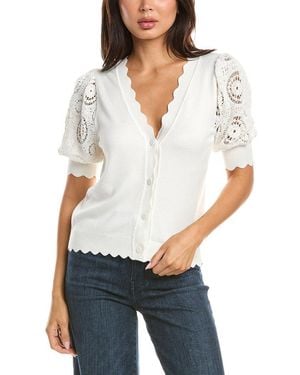 Tahari Elbow Crochet Scallop Edge Top - White