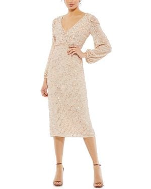 Mac Duggal Sequined Illusion Puff Sleeve V-Neck Midi Dress - Natural