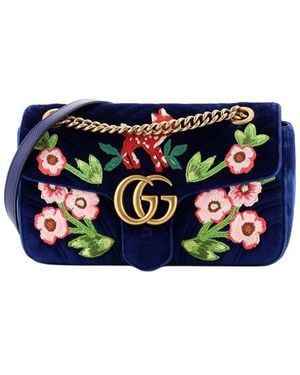Gucci Embroidered Matelasse Velvet Gg Marmont Flap Bag Small (Authentic Pre-Loved) - Blue
