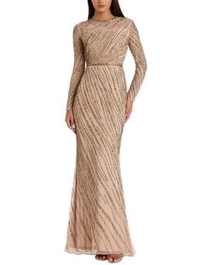 Mac Duggal Long Sleeve Beaded Column Gown - Natural