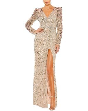 Mac Duggal Beaded Mesh Puff Sleeve V Neck Column Gown - White