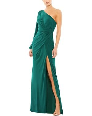 Mac Duggal One Shoulder Puff Sleeve Faux Wrap Gown - Green
