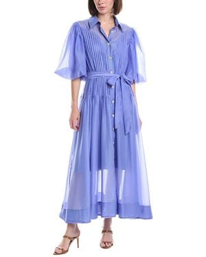 Beulah London Pleated Bodice Belted Sheer Puff Maxi Dress - Blue