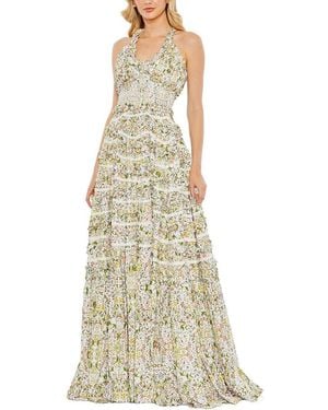 Mac Duggal Floral Ruffle A-Line Gown - White