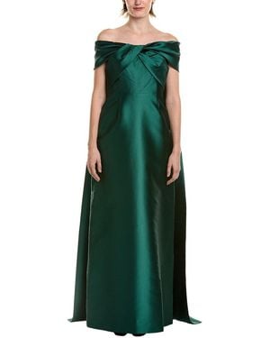 Teri Jon Taffeta Twist Bodice Column Cape Gown - Green