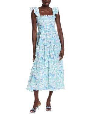 Sail To Sable Flutter Strap Smocked Linen-Blend Midi Dress - Blue