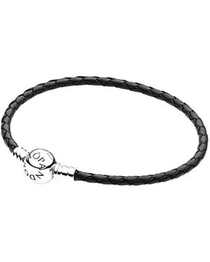 PANDORA Moments Sterling Silver And Leather Black Leather Bracelet For Charms