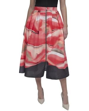 DKNY Front Zip Border Print Skirt - Red