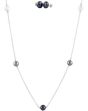 Splendid Rhodium Plated Silver 7-8mm Freshwater Pearl Earrings & Necklace Set - White