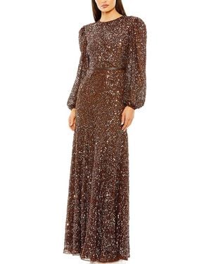 Mac Duggal High Neck Bishop Sleeve Beaded A Line Gown - Brown