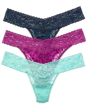 Hanky Panky Set Of 3 Floral Lace Low-Rise Thong - Blue
