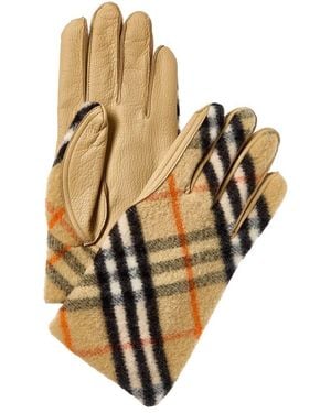 Burberry Check Wool & Leather Gloves - Metallic